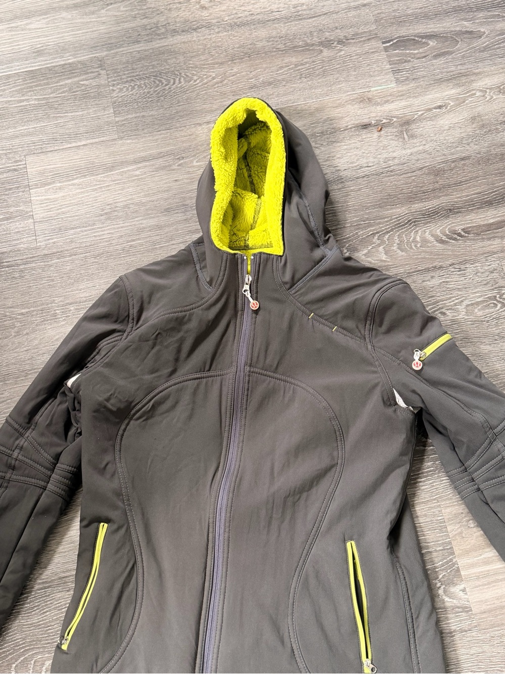 Lululemon Charcoal Gray Hoodie Jacket with Neon Yellow Trim